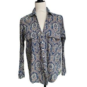 Roller Rabbit Floral Block Print Cotton Button Down Shirt Small Navy Cream